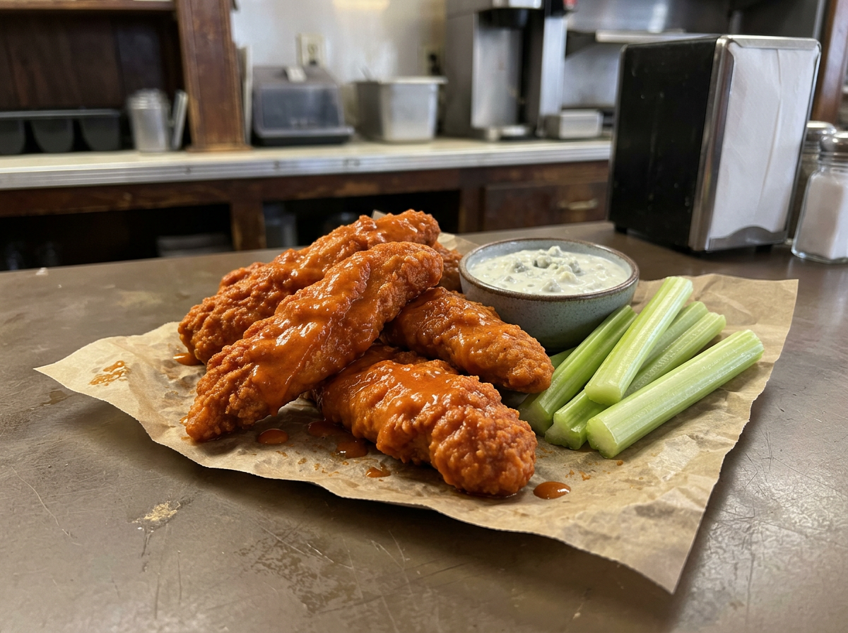 Buffalo chicken fingers with blue cheese and celery