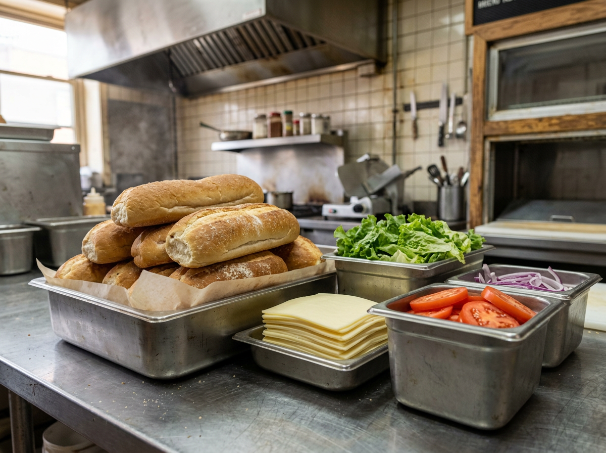 Fresh rolls, lettuce, tomatoes, onions, and sliced cheese